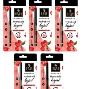 Good Vibes HydraBold Intense Black Kajal (0.35g) | 24HR Long Lasting Stay | Smudge Proof & Water Proof | With Rosehip Seed Oil | Highly Pigmented | Smooth Texture (PACK OF 5) EXP-3/26