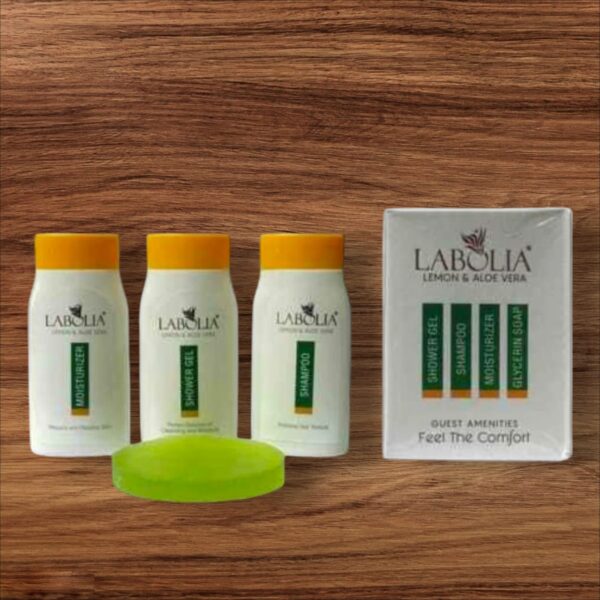 LABOLIA GUEST AMENITIES KIT & TRAVEL KIT 1SHAMPOO, 1 SHOWER GEL, 1 MOISTURIZER, 1 GLYCERINE SOAP, 4 PCS PACK ( SET OF 5 KIT ) EXP-9/26