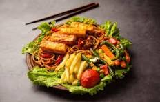 Chineese Sizzleer (Fried Rice Noodles, Chilly Paneer Gravi, Manchurian Gravy)