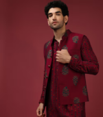 Maroon Nehru Jacket With Block Printed