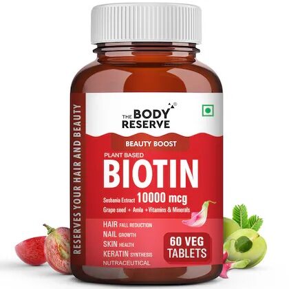0 The Body Reserve Plant-Based Biotin Tablets - 60 Veg Tablets, 10,000 mcg Biotin from Sesbania Extract with Amla, Grapeseed & Hair Multivitamins - Biotin for Hair Growth, Strong Hair, Glowing Skin & Nails - For Men & Women